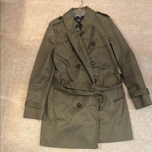 Olive Green Trench Coat. Front pockets.  Leather accents.